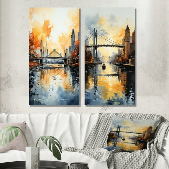 Designart "Architectural View of the City of Bridges, USA III" Usa Wall Art Set Of 2 - Yellow Landscapes Gallery Wall Set For Home Decor