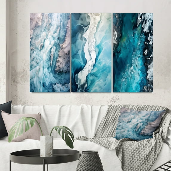 Designart "Arctic Glacier Landscape Aerial Perspective IV" Glacier Wall Art Set Of 3 - Country Blue Gallery Set For Office Decor