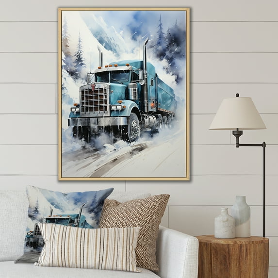 Designart "Arctic Hauler Turquoise Semi Truck II" Truck Floater Framed Wall Art Print