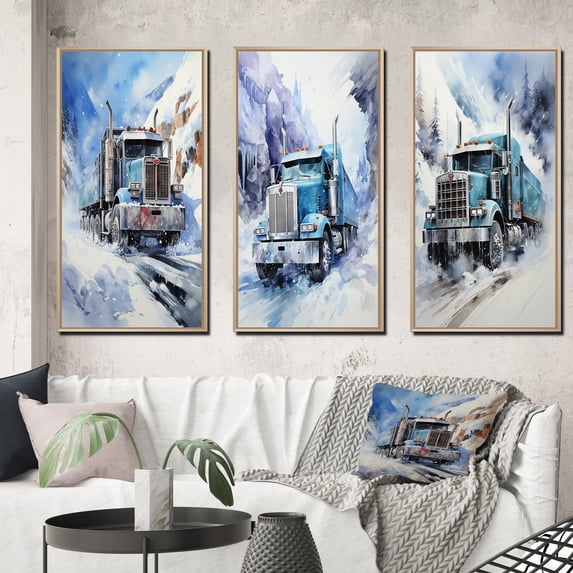 Designart "Arctic Hauler Turquoise Semi Truck III" Truck Framed Wall Art Set Of 3 - Turquoise Truck Frame Canvas Set For Living Room Decor