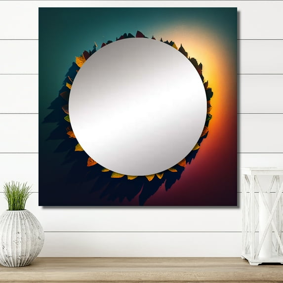 Designart "Arial View Tranquil Lake with Small Boat V" Boat Square Mirror For Wall Decor - Large Pink Square Mirror Printed Wall Decor - Modern Square Living Room Mirror