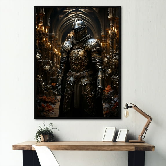 Designart "Armor of Medieval Knights II" Americana Framed Wall Art - Global Gold Military Hallway Framed Wall Art Decor