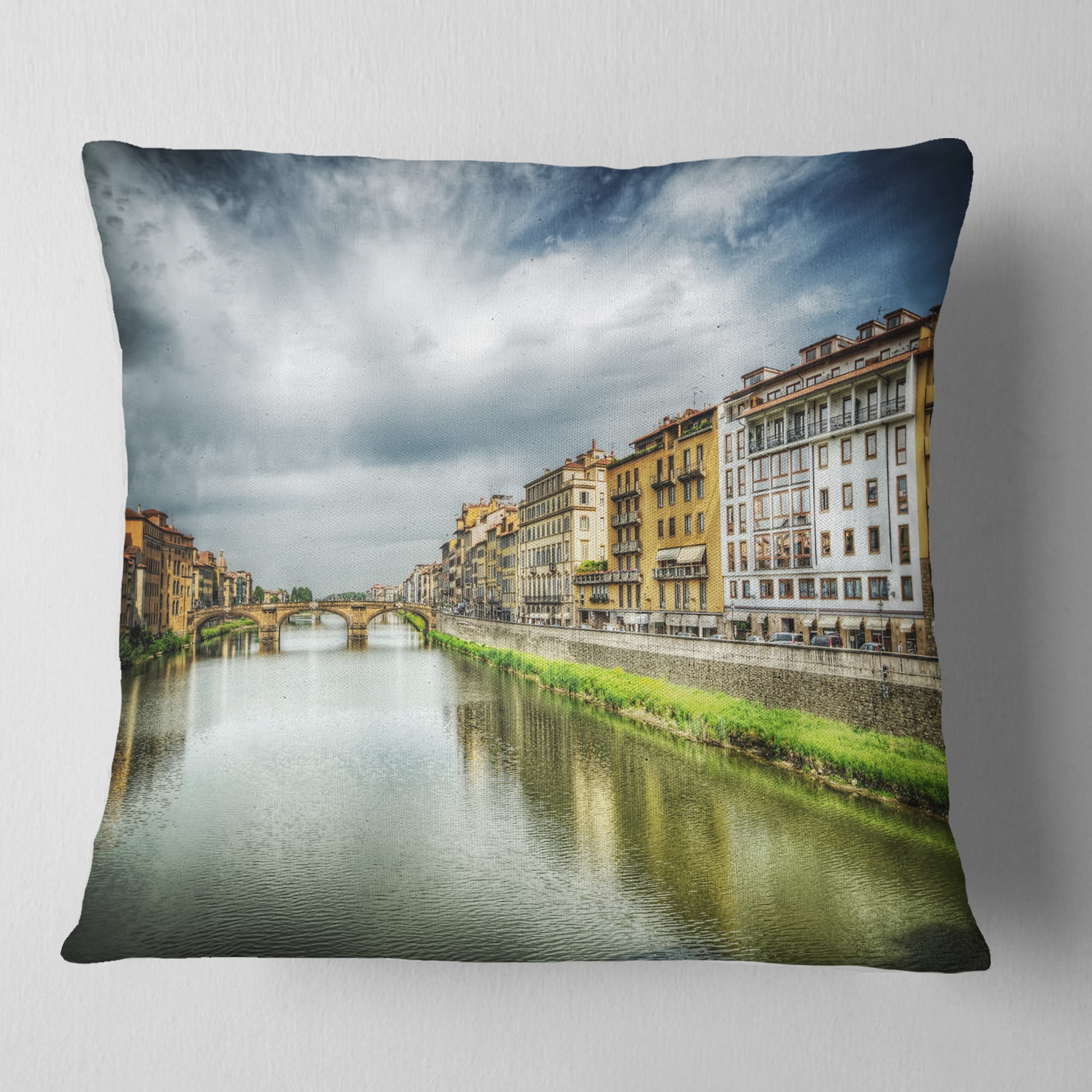 Designart Arno River under Dramatic Sky - Cityscape Throw Pillow - 18x18
