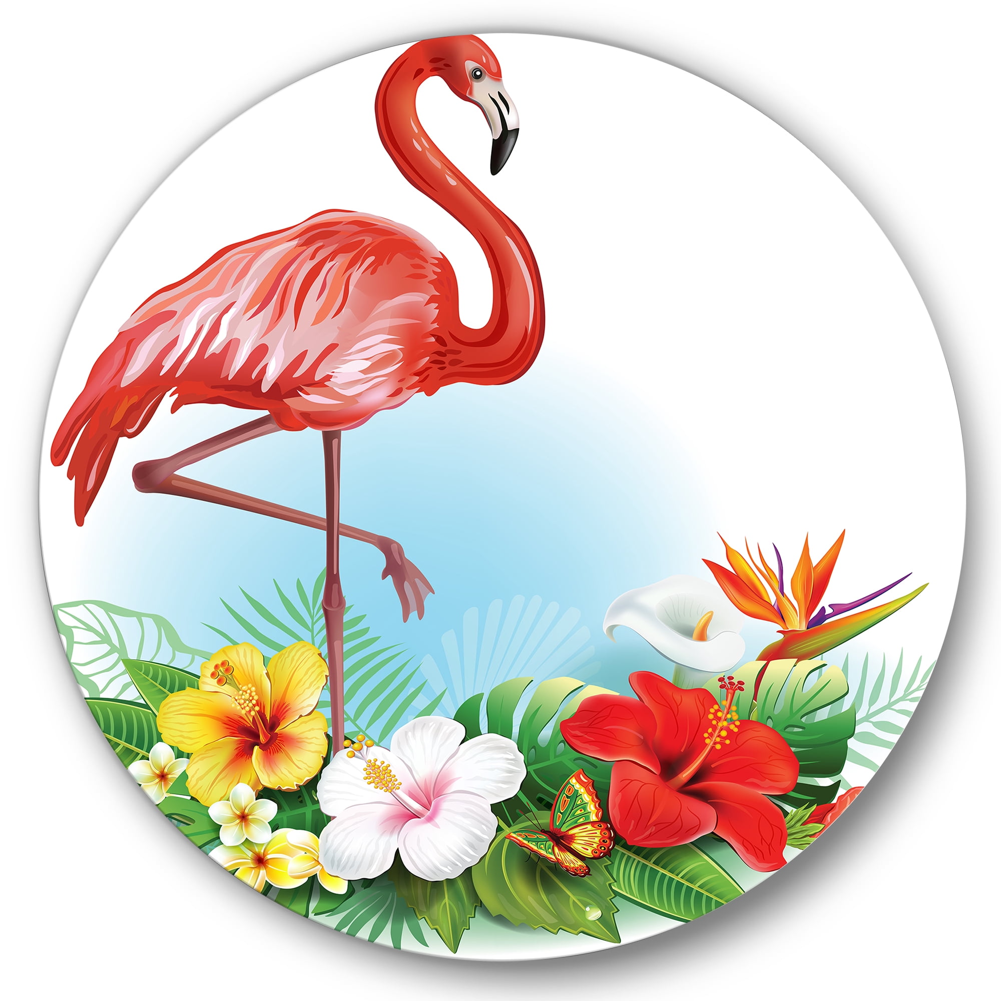 Designart 'Arrangement with Flamingo and Tropical Flowers' Traditional Circle Metal Wall Art 29x29 - Disc of 29
