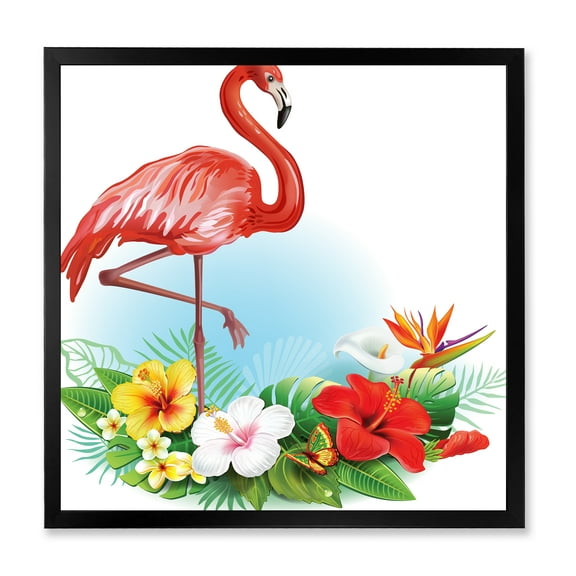 Designart 'Arrangement with Flamingo and Tropical Flowers' Traditional Framed Art Print