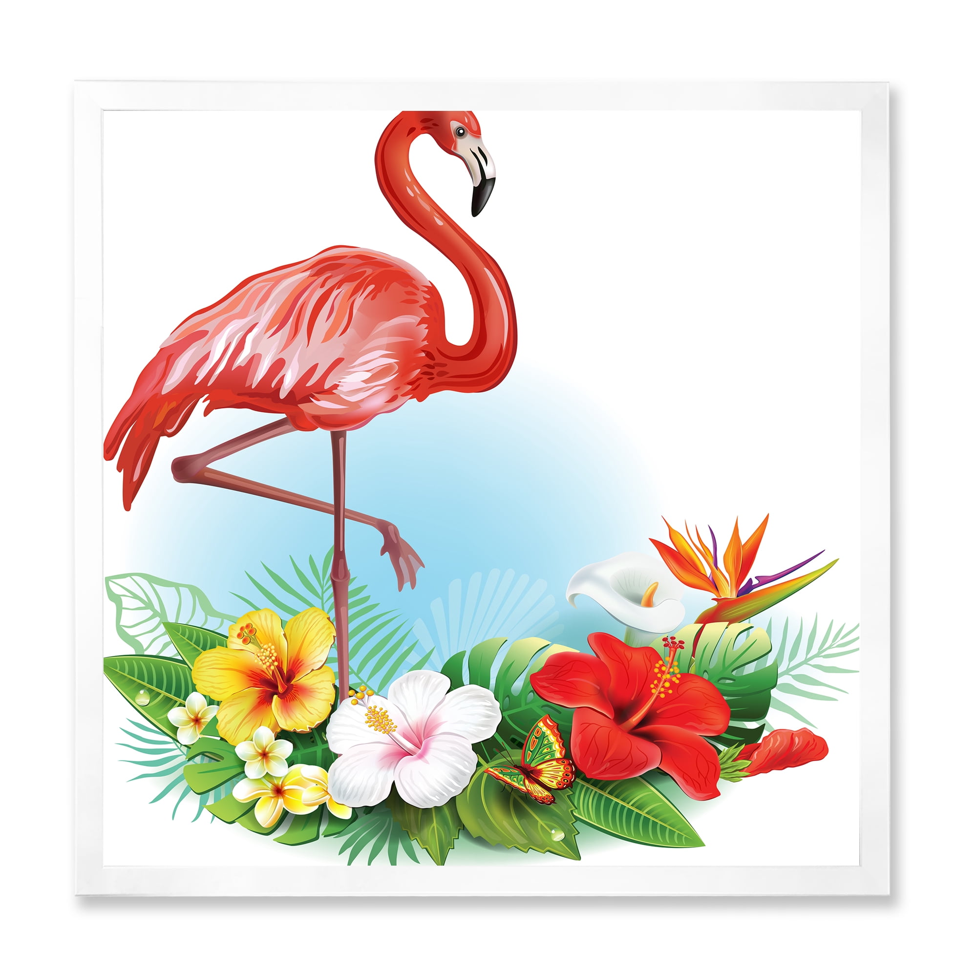Designart 'Arrangement with Flamingo and Tropical Flowers' Traditional Framed Art Print