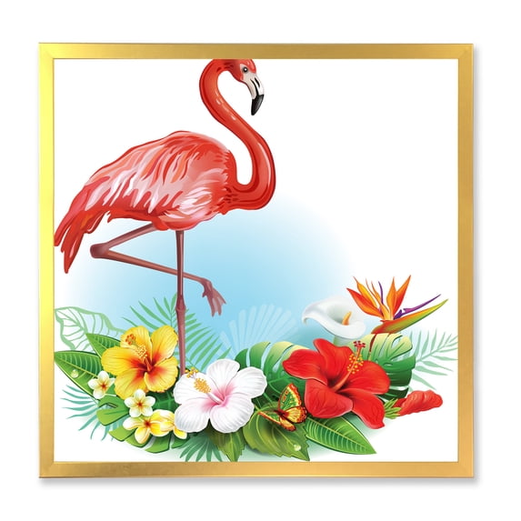 Designart 'Arrangement with Flamingo and Tropical Flowers' Traditional Framed Art Print