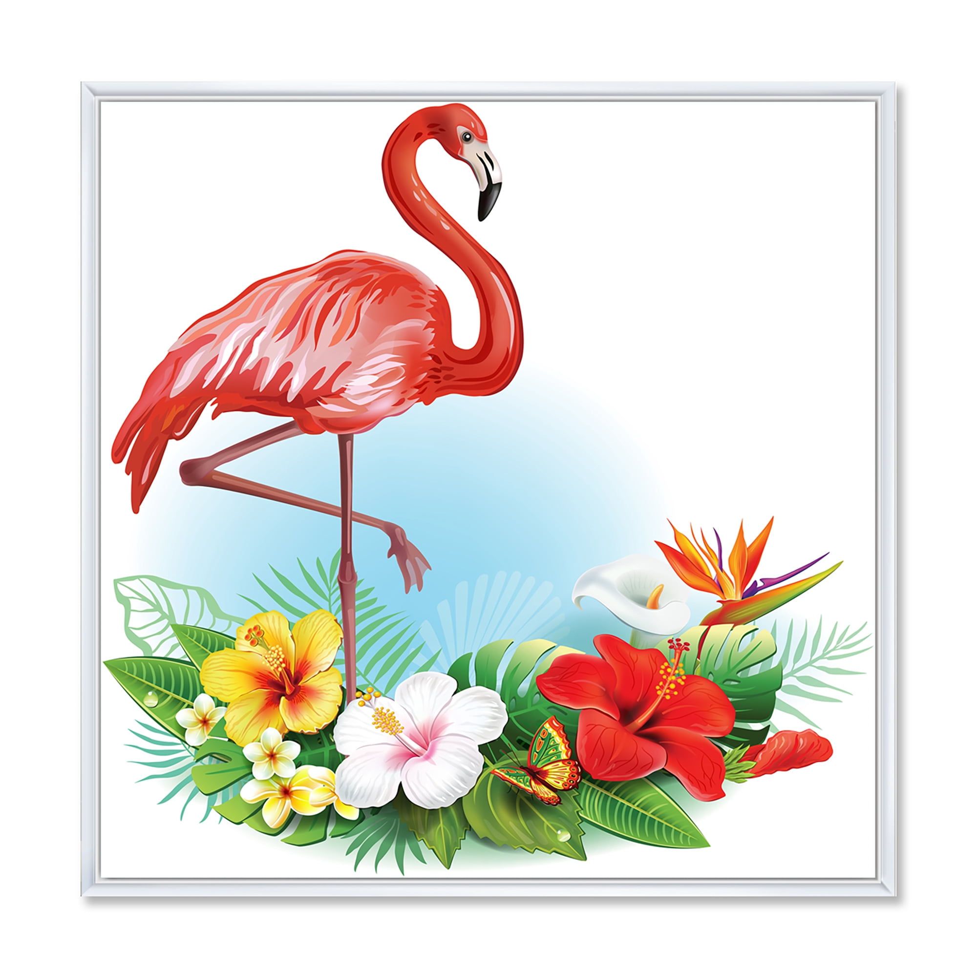 Designart 'Arrangement with Flamingo and Tropical Flowers' Traditional Framed Canvas Wall Art Print