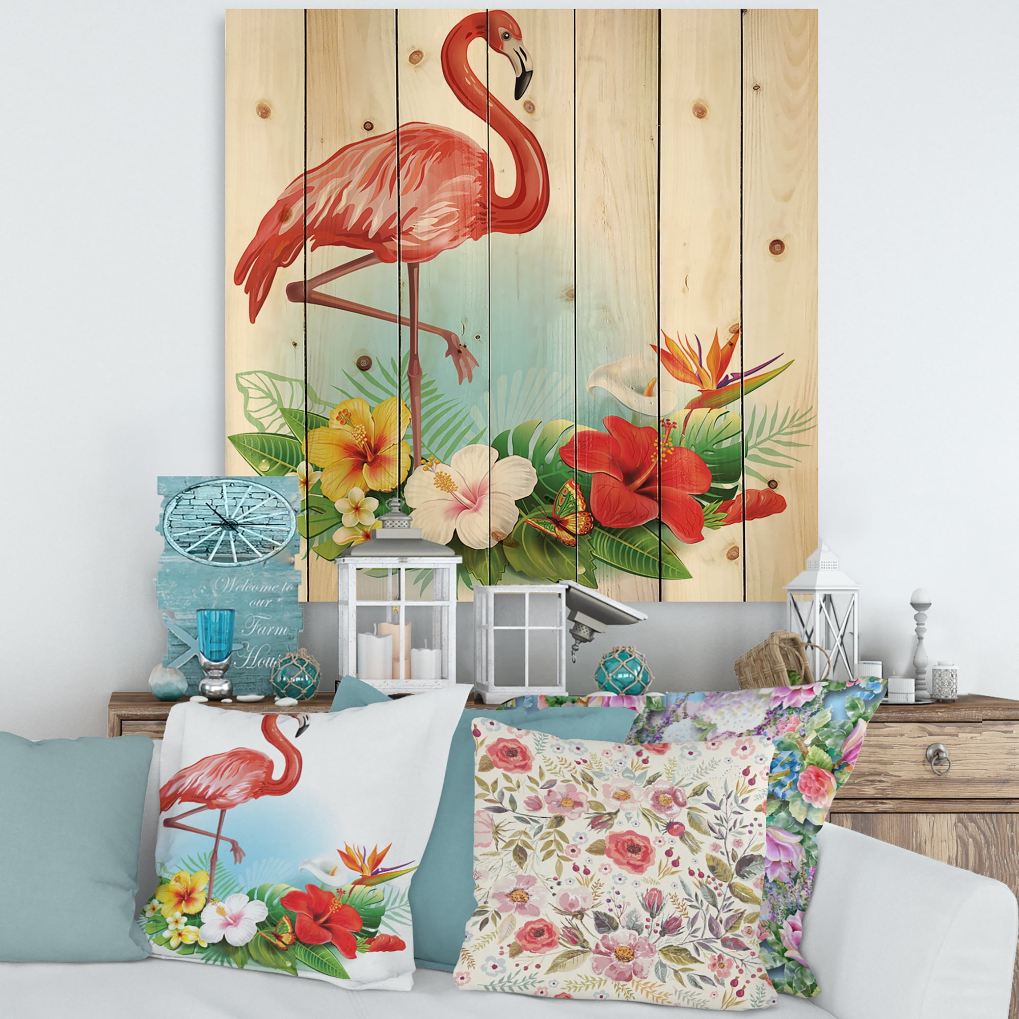Designart 'Arrangement with Flamingo and Tropical Flowers' Traditional Print on Natural Pine Wood