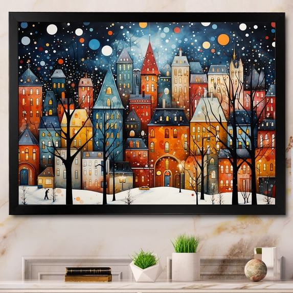 Designart "Art Deco Delight Orange Bubble Village" Cityscapes Framed Wall Art Decor - Industrial Orange City Art Deco Bedroom Framed Canvas Wall Art