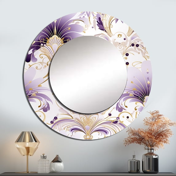 Designart "Art Deco Elegance In Purple & White II" Damask Rund Mirror For Wall Decor - Large Purple Round Print Mirror - Round Bohemian Mirror - Wall Mounted Round Large Mirror - 23" x 23"