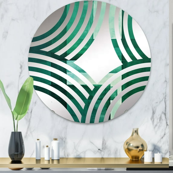Designart "Art Deco in Green Cubic Lines" Modern Geometric Baptist Fan Round Wall Mirror - Abstract Oval Printed Decorative Mirror - Multiple Color Options