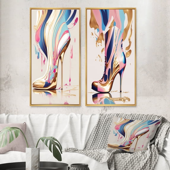 Designart "Art Deco High Heel Boots in Pink and Blue I" Fashion Framed Wall Art Set Of 2 - Blue Fashion Gallery Wall Frame Set For Home Decor