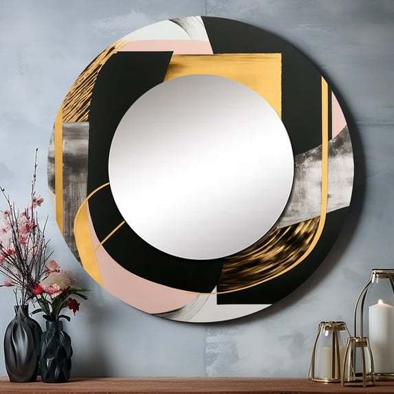 Designart "Art Deco in Pink and Gold I" Abstract Rund Mirror For Wall Decor - Large Pink Round Print Mirror - Round Modern Mirror - Wall Mounted Round Large Mirror - 29" x 29"