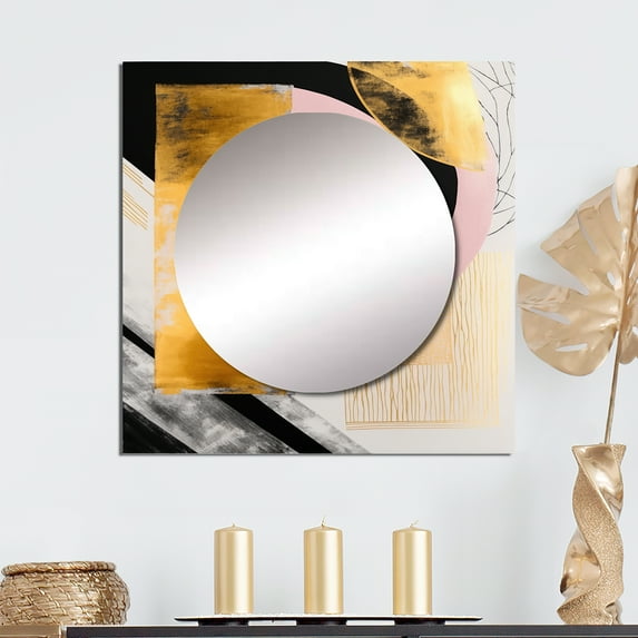 Designart "Art Deco in Pink and Gold IV" Modern Square Mirror For Wall Decor - Large Pink Square Mirror Printed Wall Decor - Transitional Square Living Room Mirror