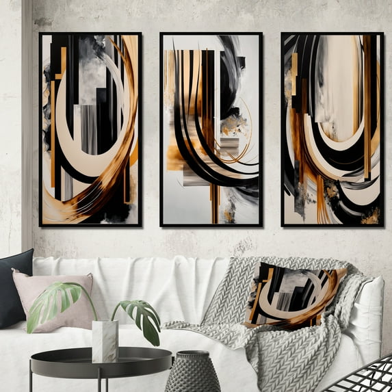Designart "Art Deco with a Golden Touch I" Abstract Framed Wall Art Set Of 3 - Black Transitional Frame Gallery Set For Office Decor