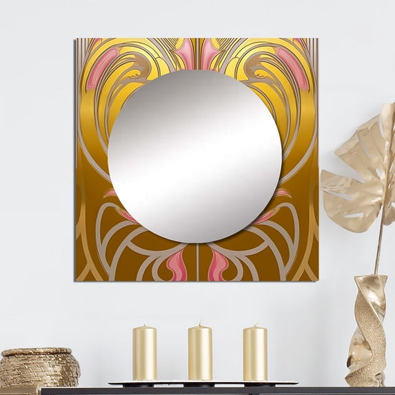 Designart "Art Nouveau Geometry Gold and Pink Patterns" Modern Geometric Square Mirror Wall Decor Modern - Large Pink Square Bathroom Mirror - Square Printed Wall Mirror Art