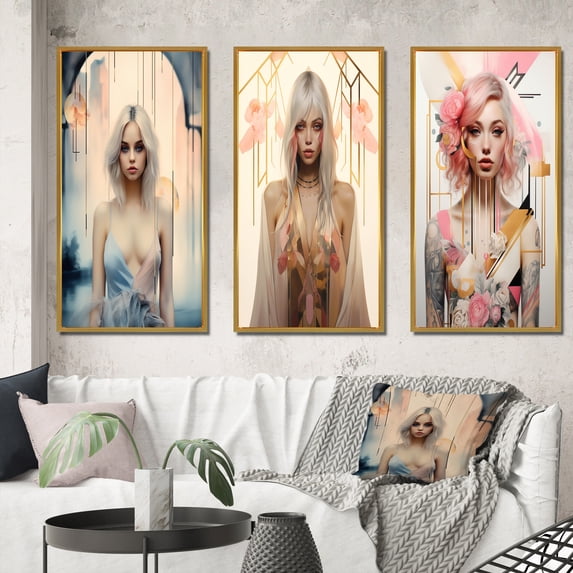 Designart "Art Nouveau Glamour Vintage Portrait of a Young Woman III" Fashion Woman Framed Wall Art Set Of 3 - Blue Glam Frame Gallery Wall Set For Home Decor