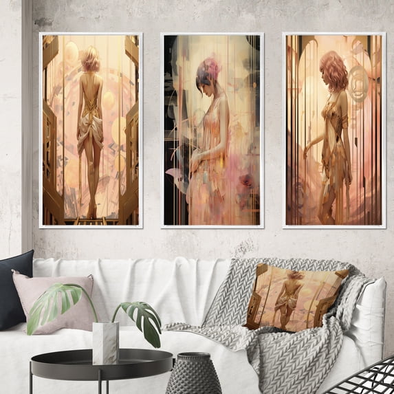 Designart "Art Nouveau Retro Beauty Timeless Elegance Revived II" Fashion Woman Framed Wall Art Set Of 3 - Pink Glam Frame Canvas Set For Living Room Decor