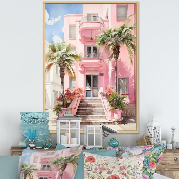 Designart "Artful Facades Exploring Pink Miami II" Floral Floater Framed Canvas Art Print
