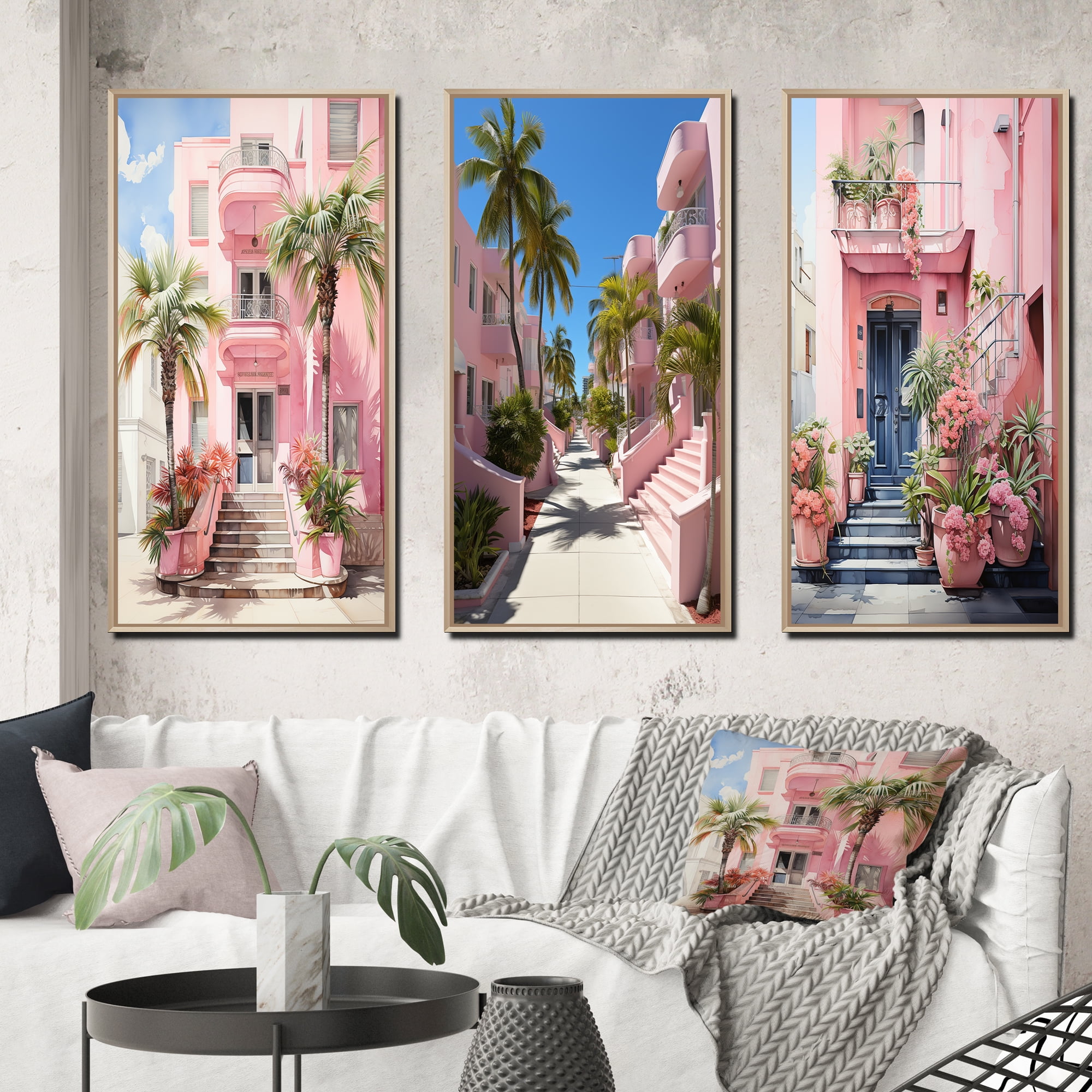 Pink Miami Facades Canvas Art Set with Maple Frames