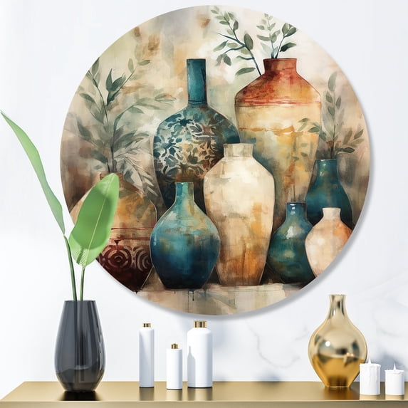 Designart "Artisanal Boho Pottery Green And Orange I" Boho Pottery Metal Round Wall Decor
