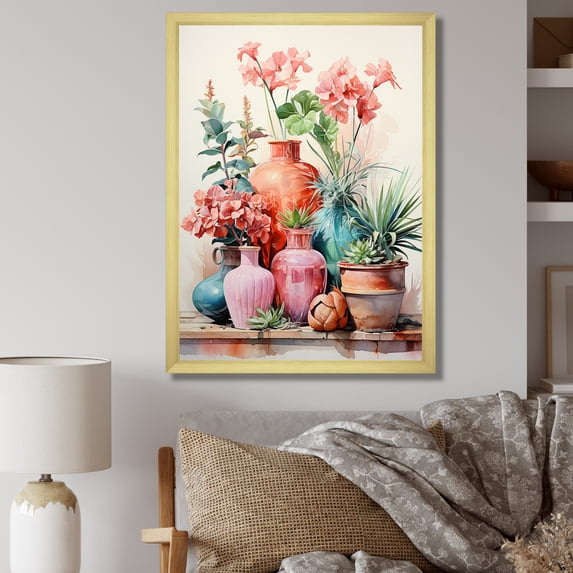Designart "Artisanal Floral Pottery Perfection IV" Geometric Framed Wall Art - Bohemian Pink Boho Pottery Bedroom Framed Canvas Wall Art