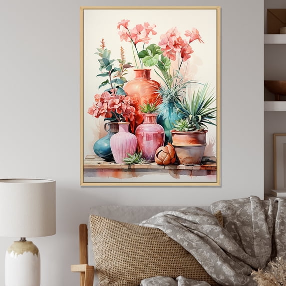 Designart "Artisanal Floral Pottery Perfection IV" Geometric Framed Wall Art - Bohemian Pink Boho Pottery Bedroom Framed Canvas Wall Art