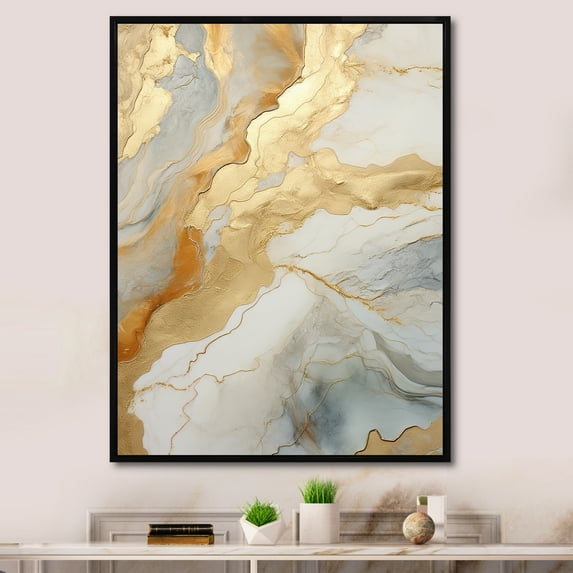 Designart "Artistic Beige And Gold Glacier Stone" Abstract Shapes Floater Framed Wall Decor