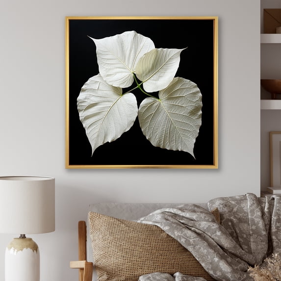 Designart "Artistic Depiction Of Black And White Leaves On Glass I" Leaves Floater Framed Wall Decor