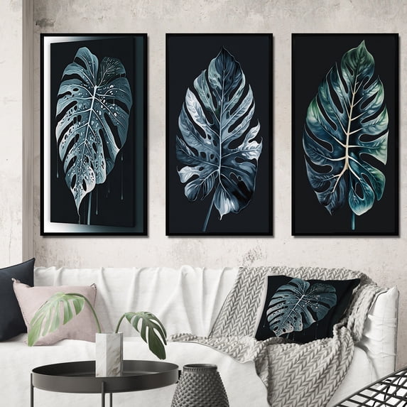 Designart "Artistic Rendering of a Philodendron Leaf II" Floral Framed Wall Art Set Of 3 - Green Traditional Frame Canvas Set For Living Room Decor