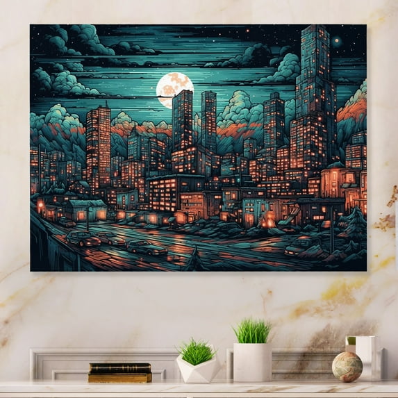 Designart "Artistic Tributes To The Art Deco Era Green And Orange II" City Art Deco Metal Art Living Room