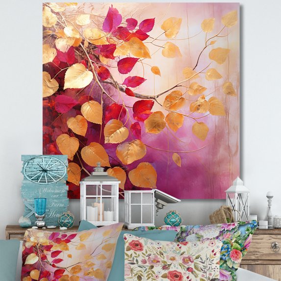 Designart "Artistry Of Gold And Pink Leaves I" Leaves Wall Art Prints