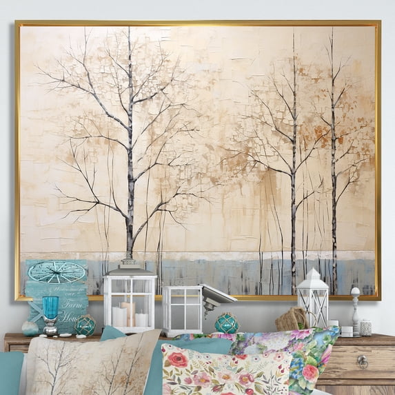 Designart "Artwork Featuring A Harmonious Beige Tree IV" Landscape Trees Floater Framed Wall Art Living Room