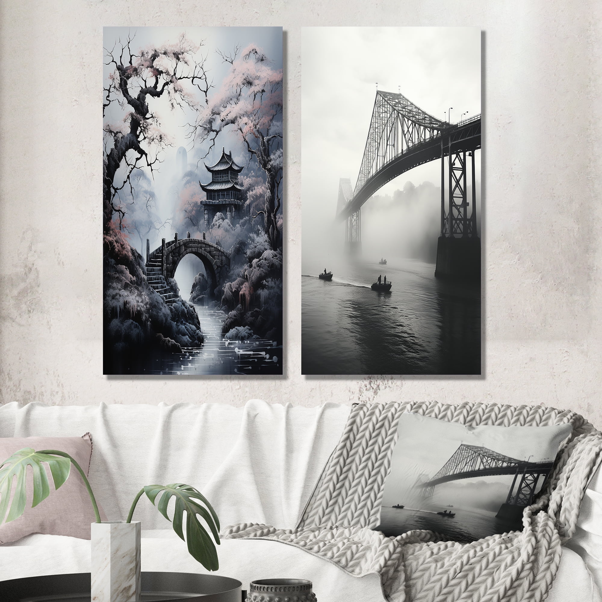 Designart "Ashen Japanese Overpass Amidst Mist" Bridges Wall Art Set Of