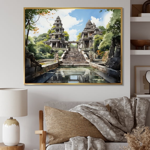 Designart "Ashen Umber Dharma Craft Sanctuary Entrance" Spiritual Floater Framed Wall Art Print
