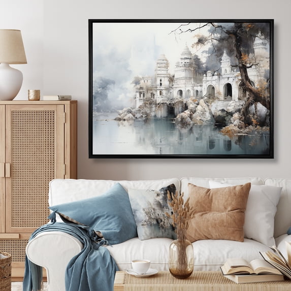 Designart "Ashram'S Tranquility: Indian Quartz Artistry" Hinduism Floater Framed Canvas Wall Art
