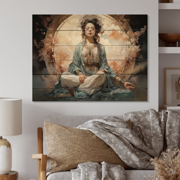 Designart "Asian Art Bodhisattvas beauty I" Asian Art Print on Natural Pine Wood