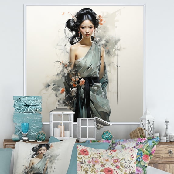Designart "Asian Art Geishas beauty VII" Asian Floater Framed Wall Art Living Room