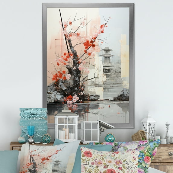 Designart "Asian Art Landscape With Red Tree" Asian Art Picture Framed Canvas Prints