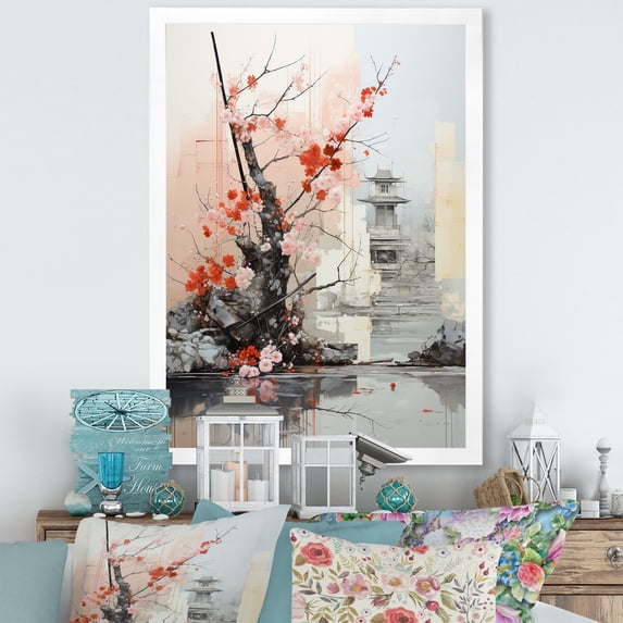 Designart "Asian Art Landscape With Red Tree" Asian Art Picture Framed Canvas Prints