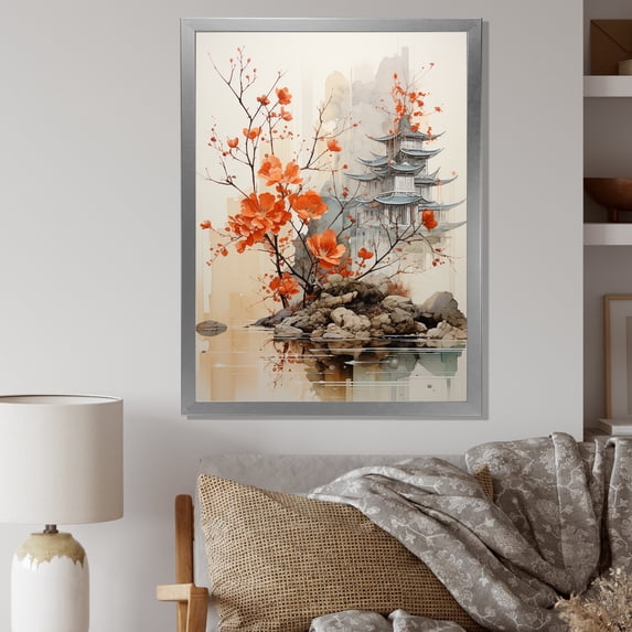 Designart "Asian Art Landscape With Red Tree I" Asian Art Picture Framed Wall Decor