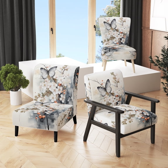 Designart "Asian Art White And Grey Butterfly" Upholstered Asian Accent Chair and Global Arm Chair - Multiple Color & Pattern