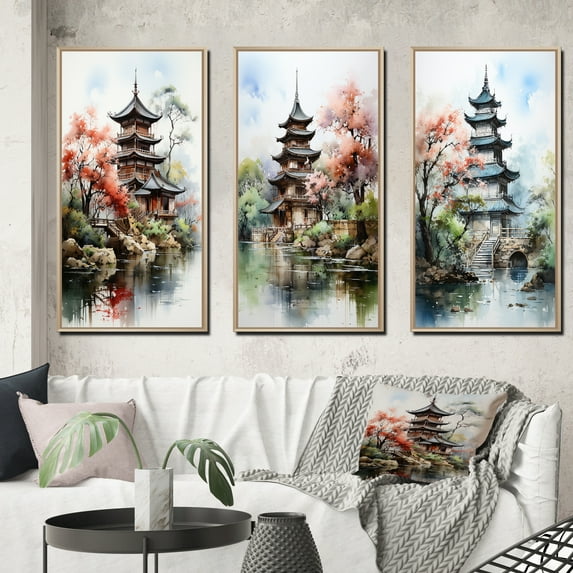 Designart "Asian Art peaceful Pagoda IV" Asian Framed Wall Art Set Of 3 - Coral Asian Art Frame Canvas Set For Living Room Decor