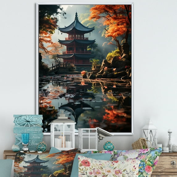 Designart "Asian Art peaceful Pagoda IX" Asian Floater Framed Canvas Wall Art