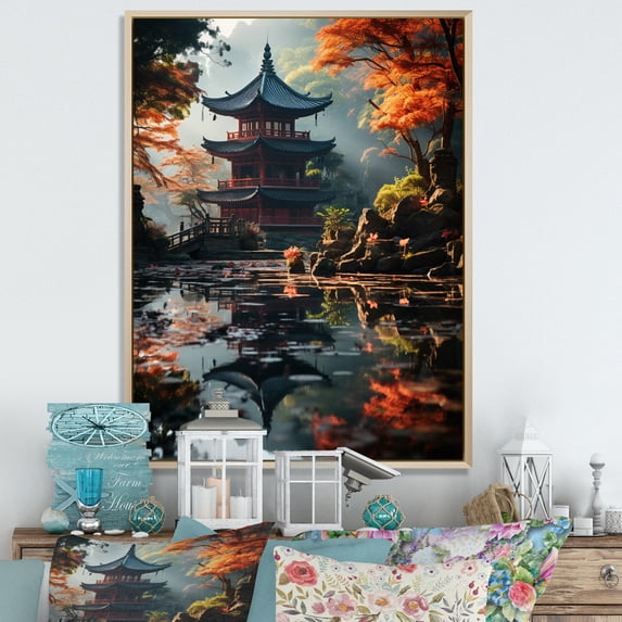 Designart "Asian Art peaceful Pagoda IX" Asian Floater Framed Canvas Wall Art