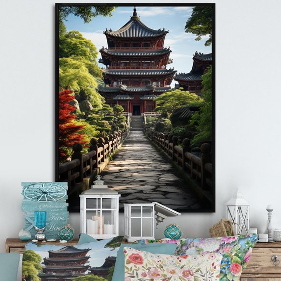 Designart "Asian Art peaceful Pagoda VI" Asian Floater Framed Wall Decor
