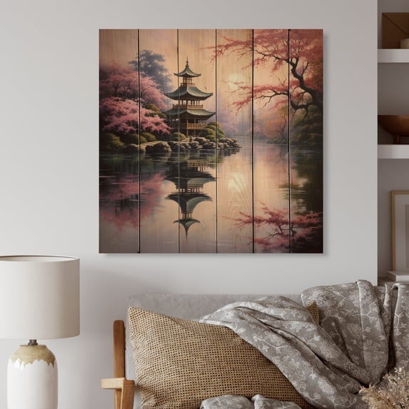 Designart "Asian Art peaceful Pagoda VIII" Asian Print on Natural Pine Wood