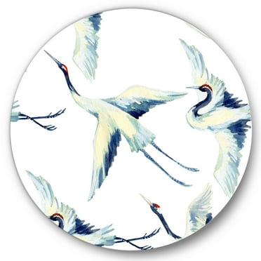 Designart 'Asian Crane Bird Impression I' Traditional Circle Metal Wall Art 36x36 - Disc of 36