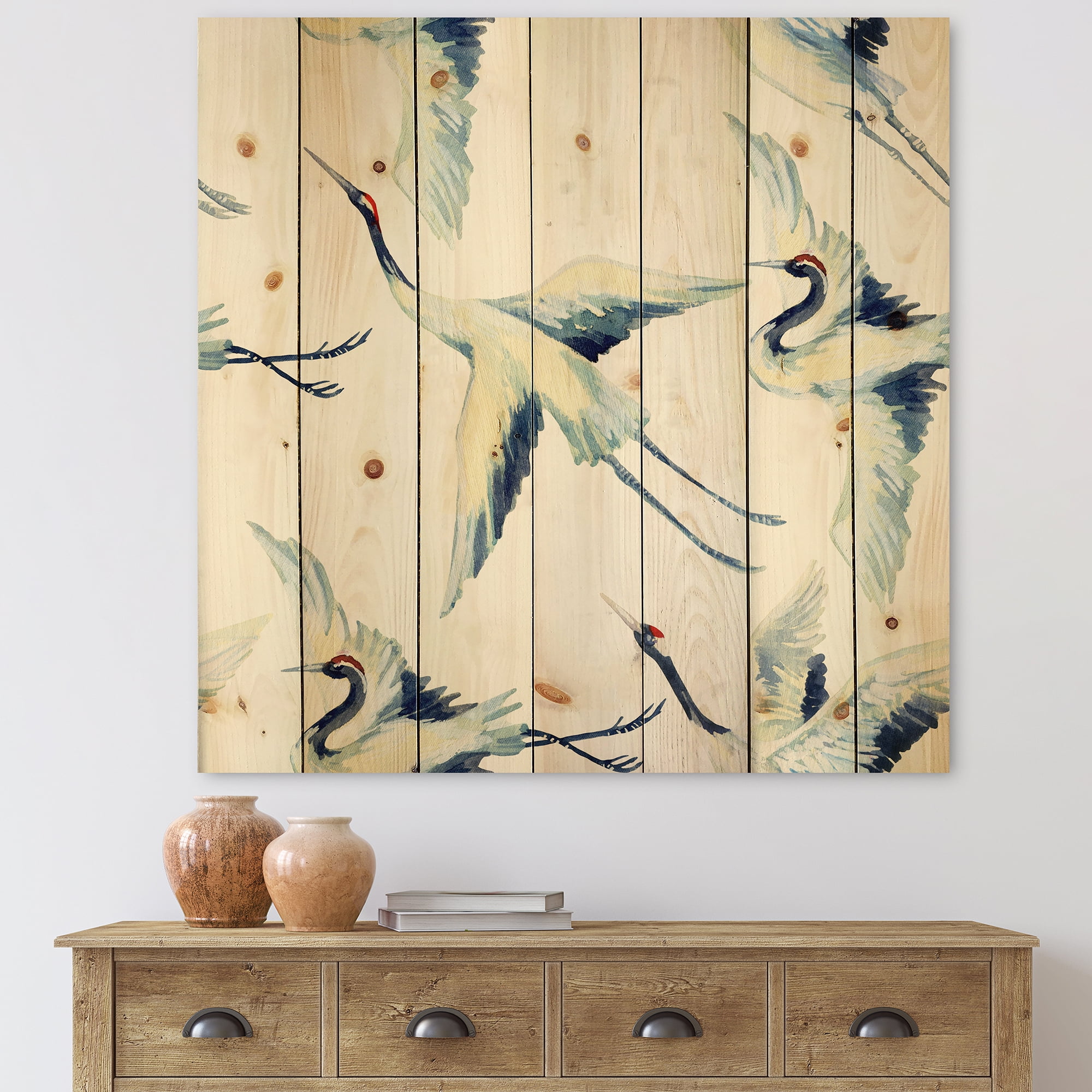 Large Blue and Natural Pine Wood Crane Bird Wall Art
